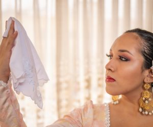Peruvian marinera dancer performing with white handkerchief